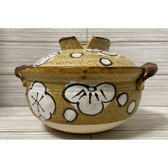 Vtg Art Pottery Lidded Casserole Dish Floral Brown & White MCM - Picture 7 of 8